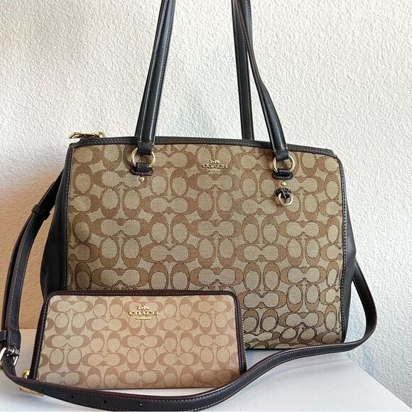 COACH Signature Brown Khaki Stanton Prairie Satchel Dalton + Wallet Set - Picture 1 of 14